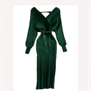 Bodycon green shimmery knitted ribbed midi dress